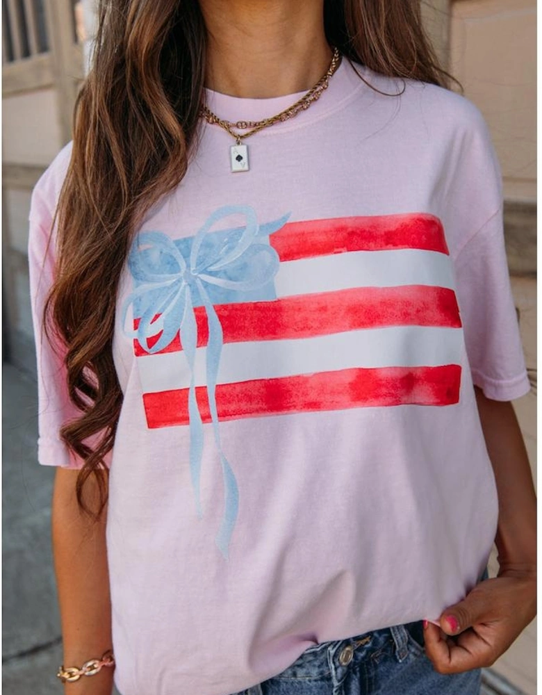 Light Pink Flag Bow Graphic Crewneck Tee