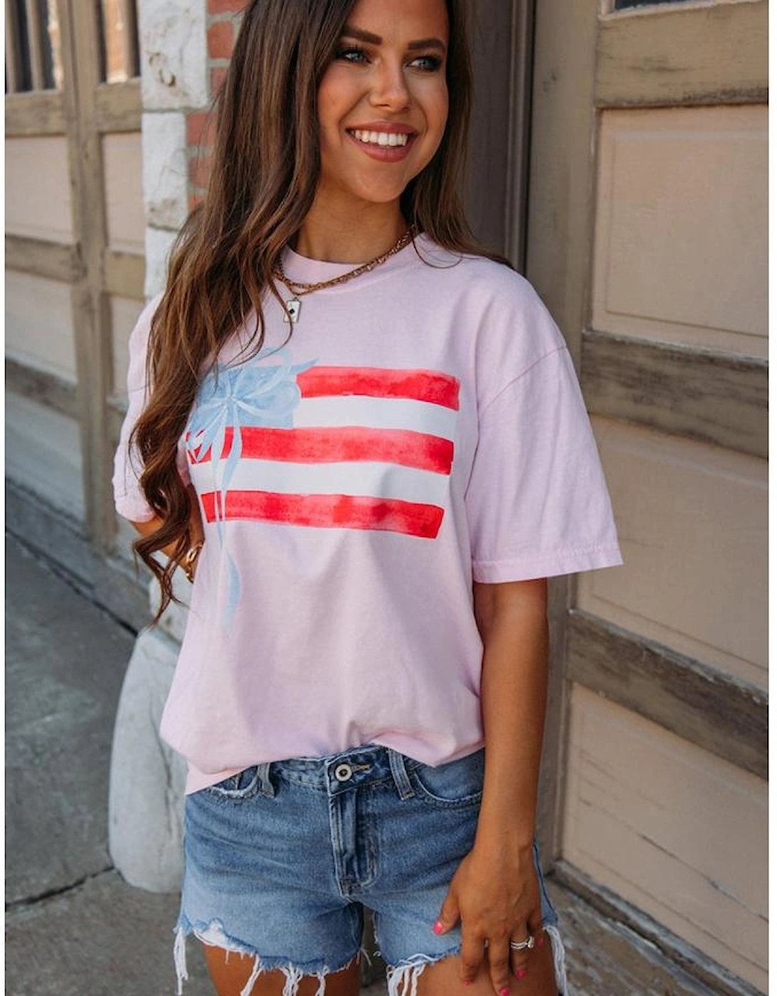 Light Pink Flag Bow Graphic Crewneck Tee