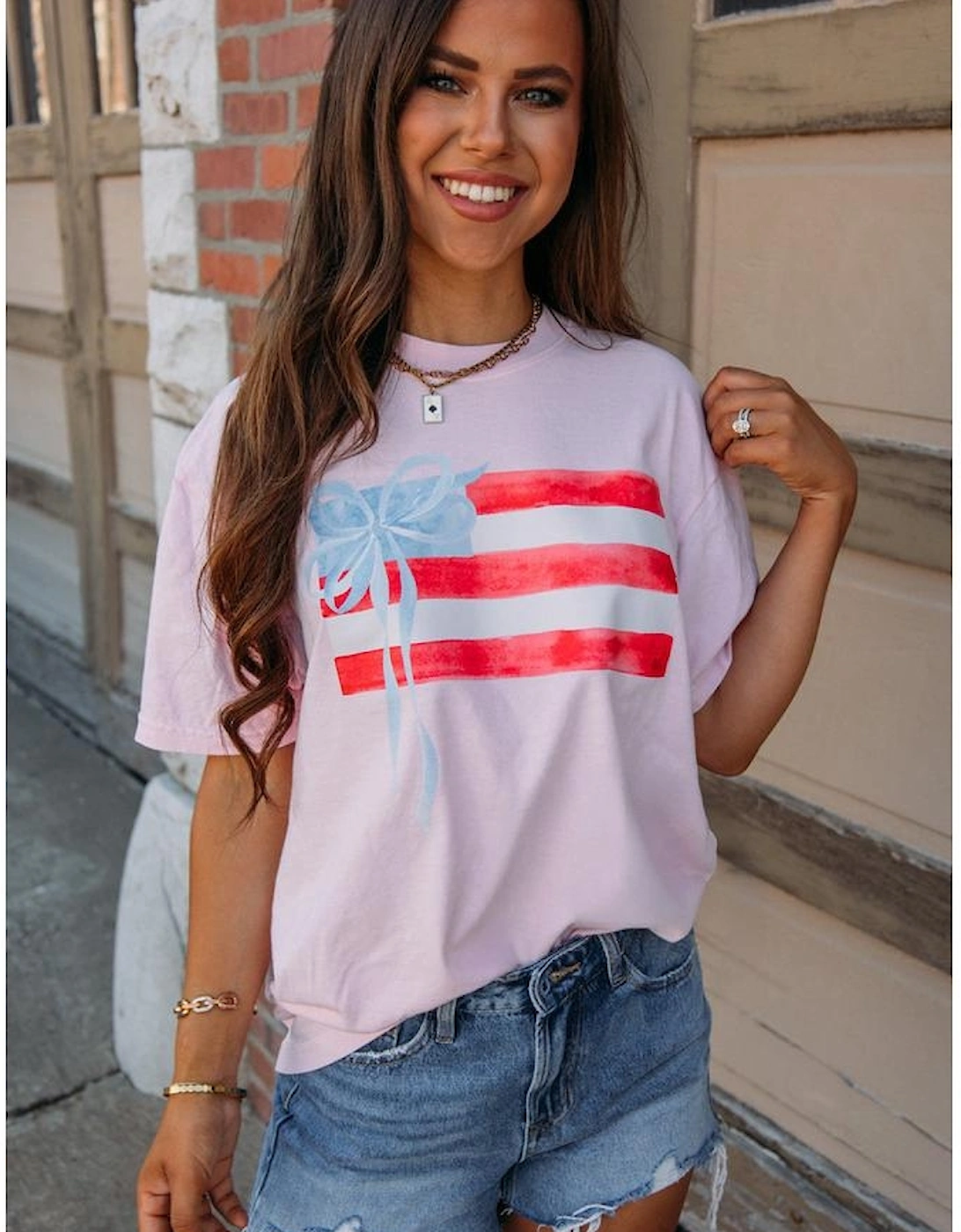 Light Pink Flag Bow Graphic Crewneck Tee