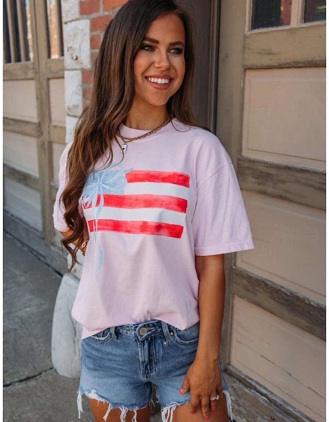 Light Pink Flag Bow Graphic Crewneck Tee