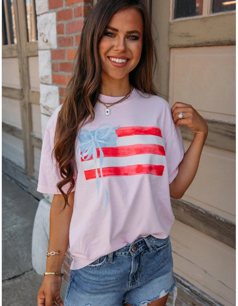 Light Pink Flag Bow Graphic Crewneck Tee