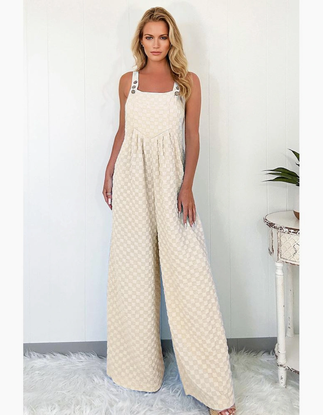 Beige Checkered Pocketed High Waist Wide Leg Overall
