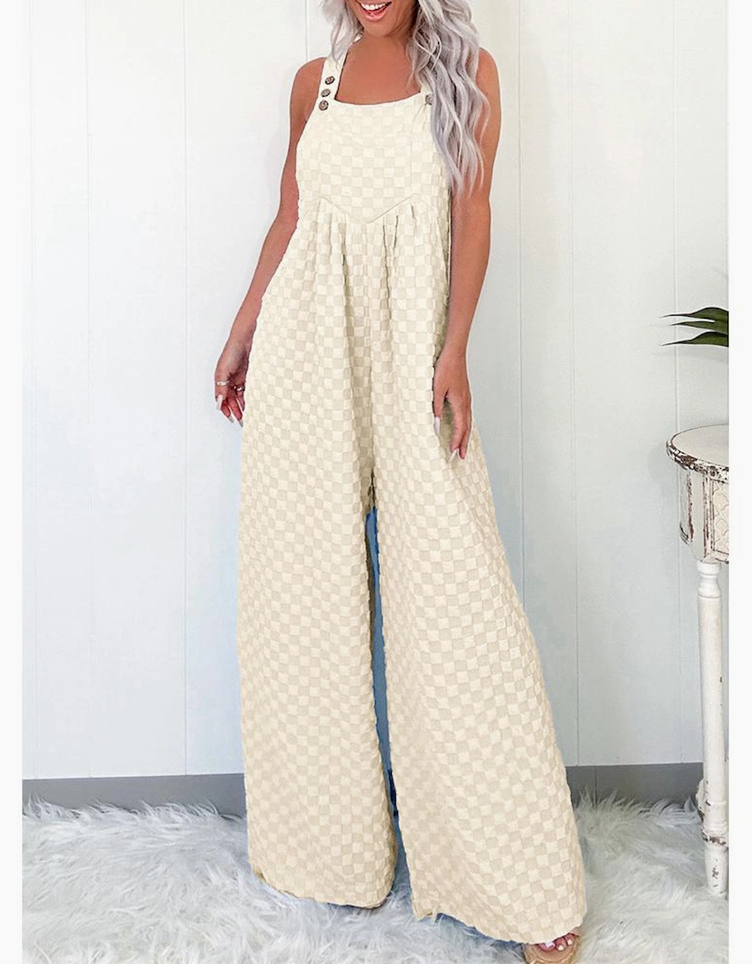 Beige Checkered Pocketed High Waist Wide Leg Overall