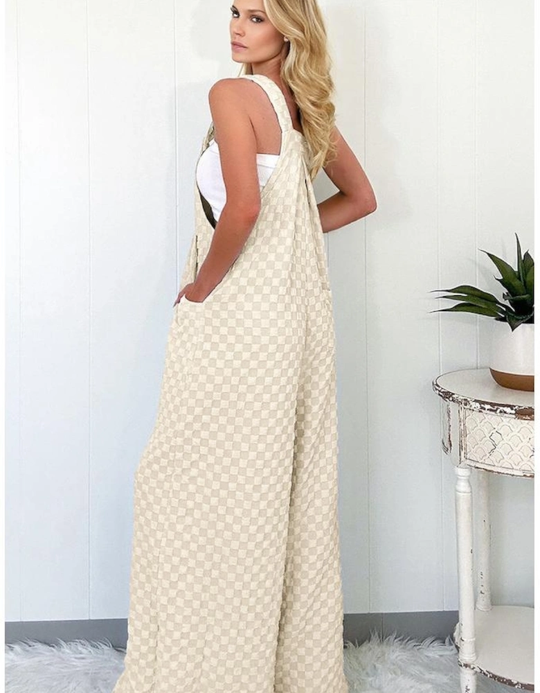 Beige Checkered Pocketed High Waist Wide Leg Overall