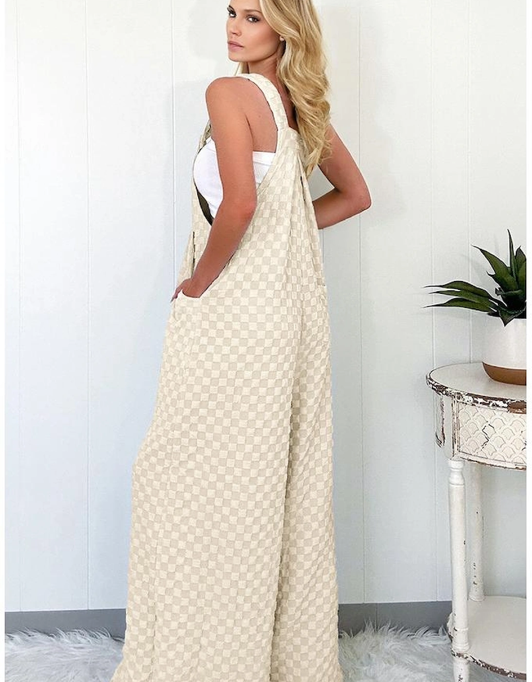 Beige Checkered Pocketed High Waist Wide Leg Overall, 5 of 4