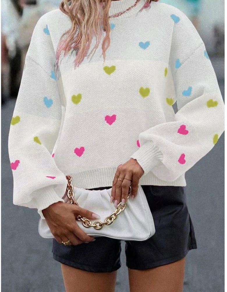 Multicolour Heart Pattern Colorblock Knit High Neck Baggy Sweater