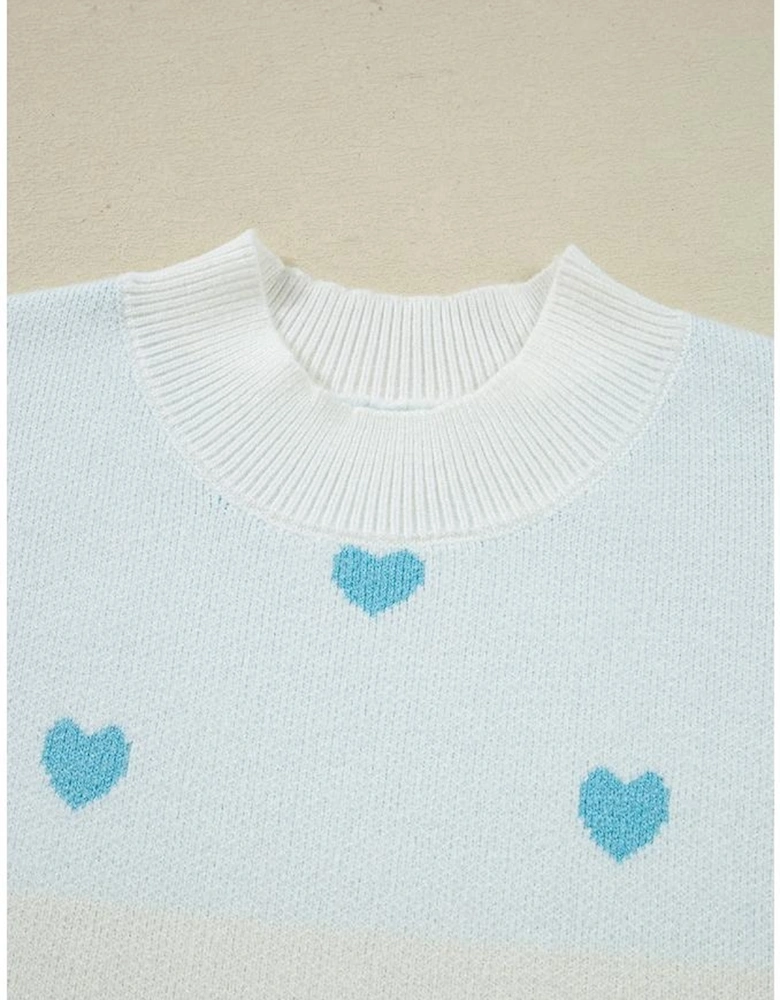 Multicolour Heart Pattern Colorblock Knit High Neck Baggy Sweater