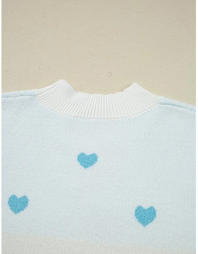 Multicolour Heart Pattern Colorblock Knit High Neck Baggy Sweater
