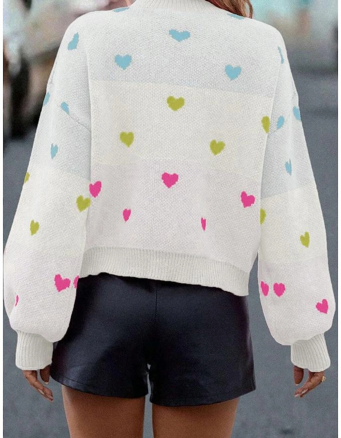 Multicolour Heart Pattern Colorblock Knit High Neck Baggy Sweater, 13 of 12