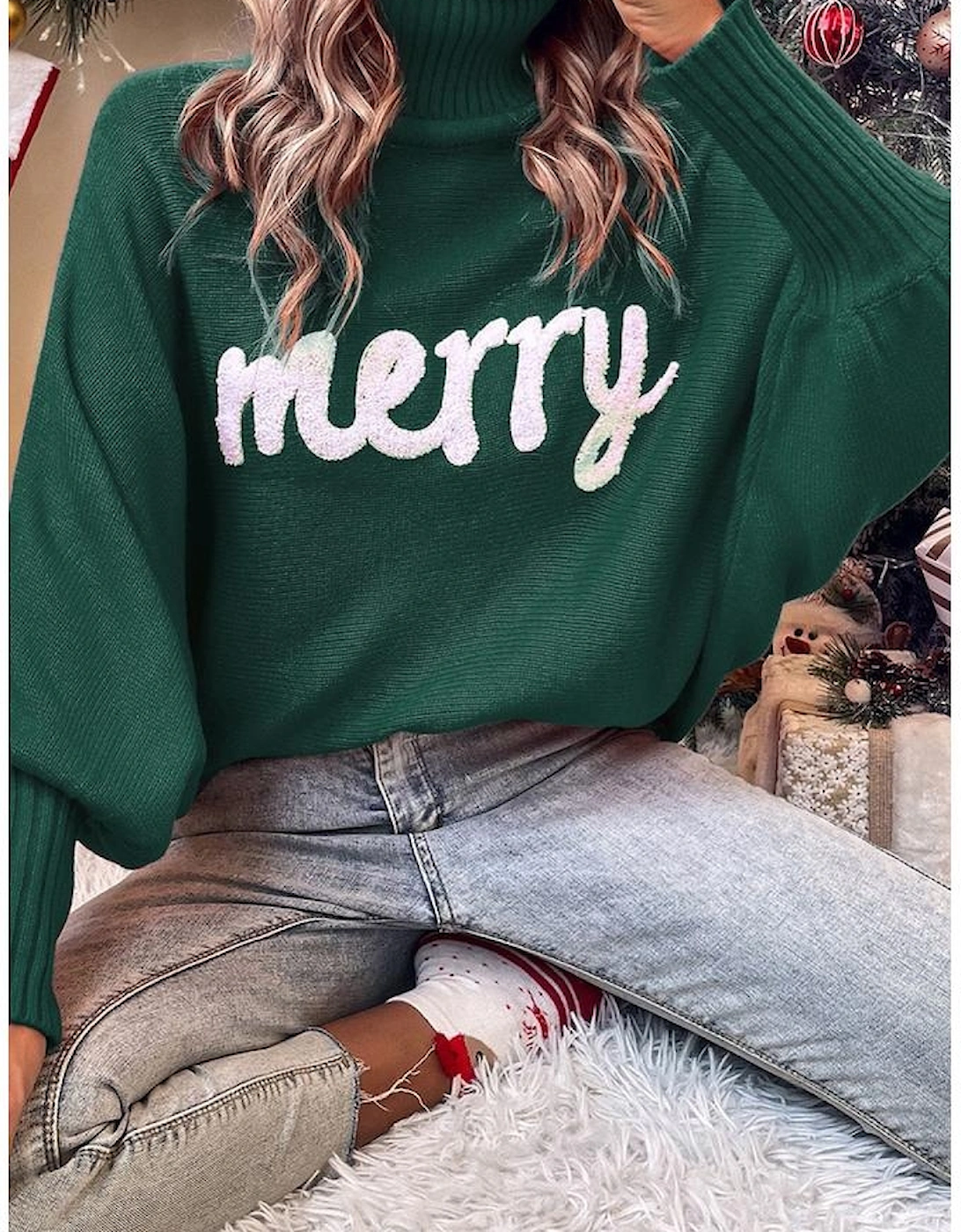 Blackish Green Merry Letter Embroidered High Neck Sweater