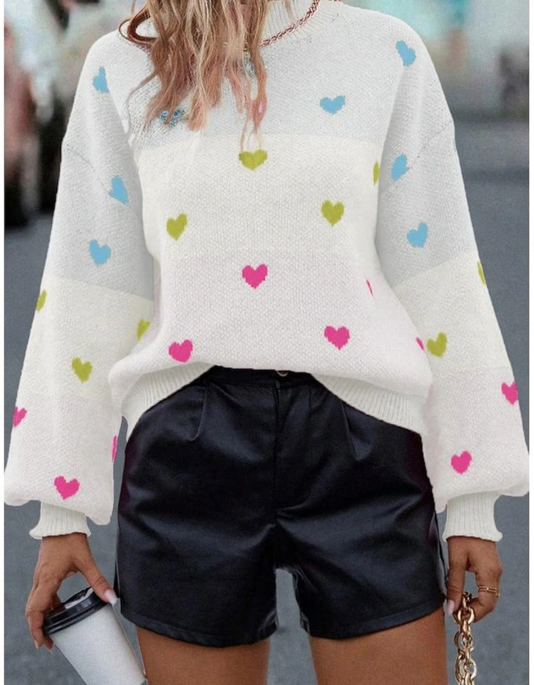 Multicolour Heart Pattern Colorblock Knit High Neck Baggy Sweater