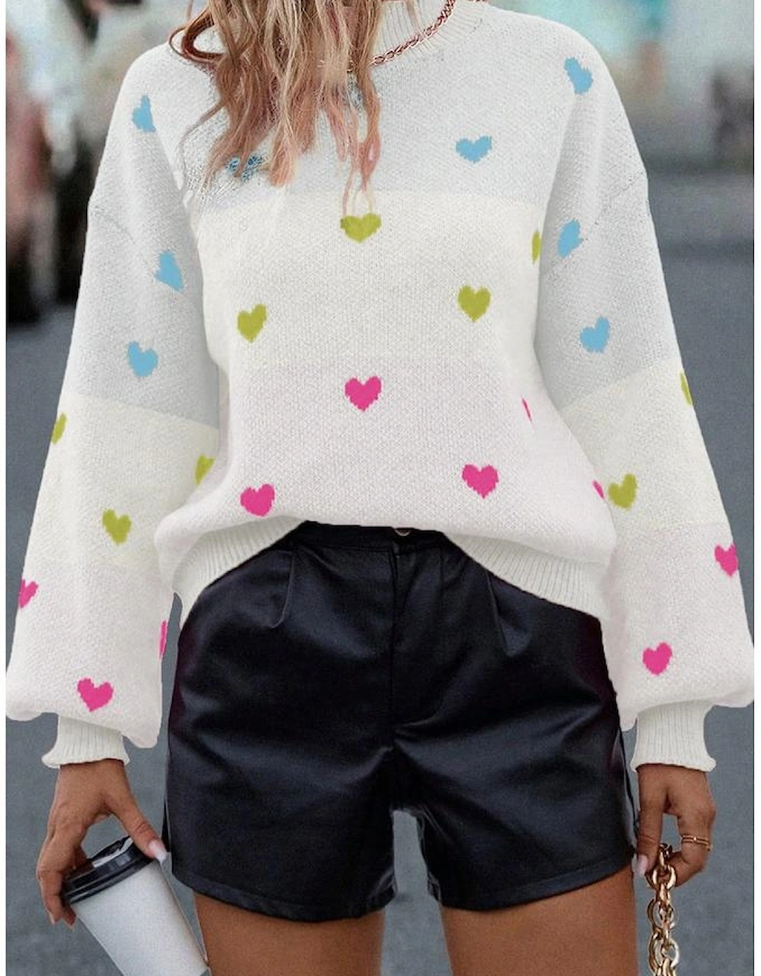 Multicolour Heart Pattern Colorblock Knit High Neck Baggy Sweater