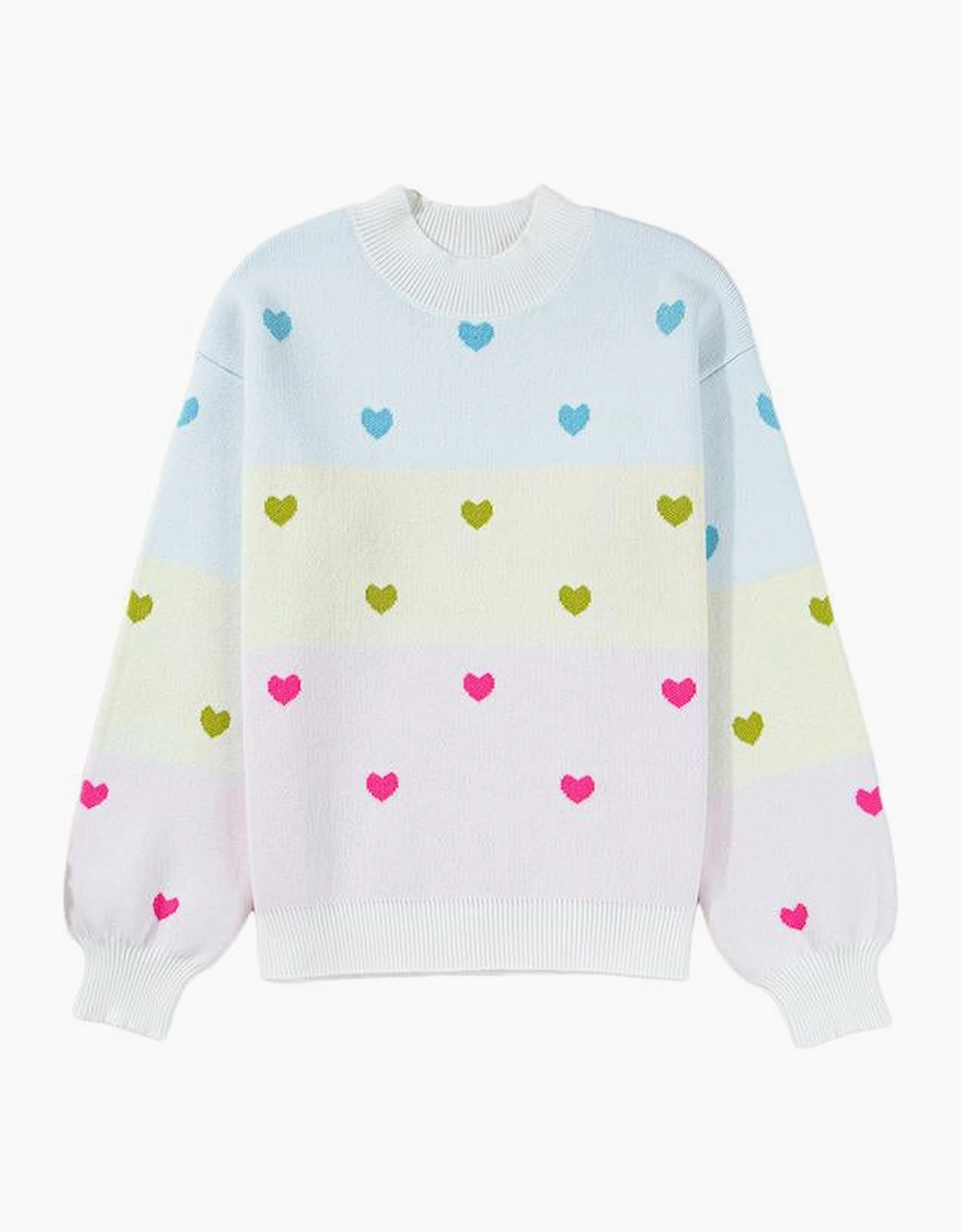 Multicolour Heart Pattern Colorblock Knit High Neck Baggy Sweater