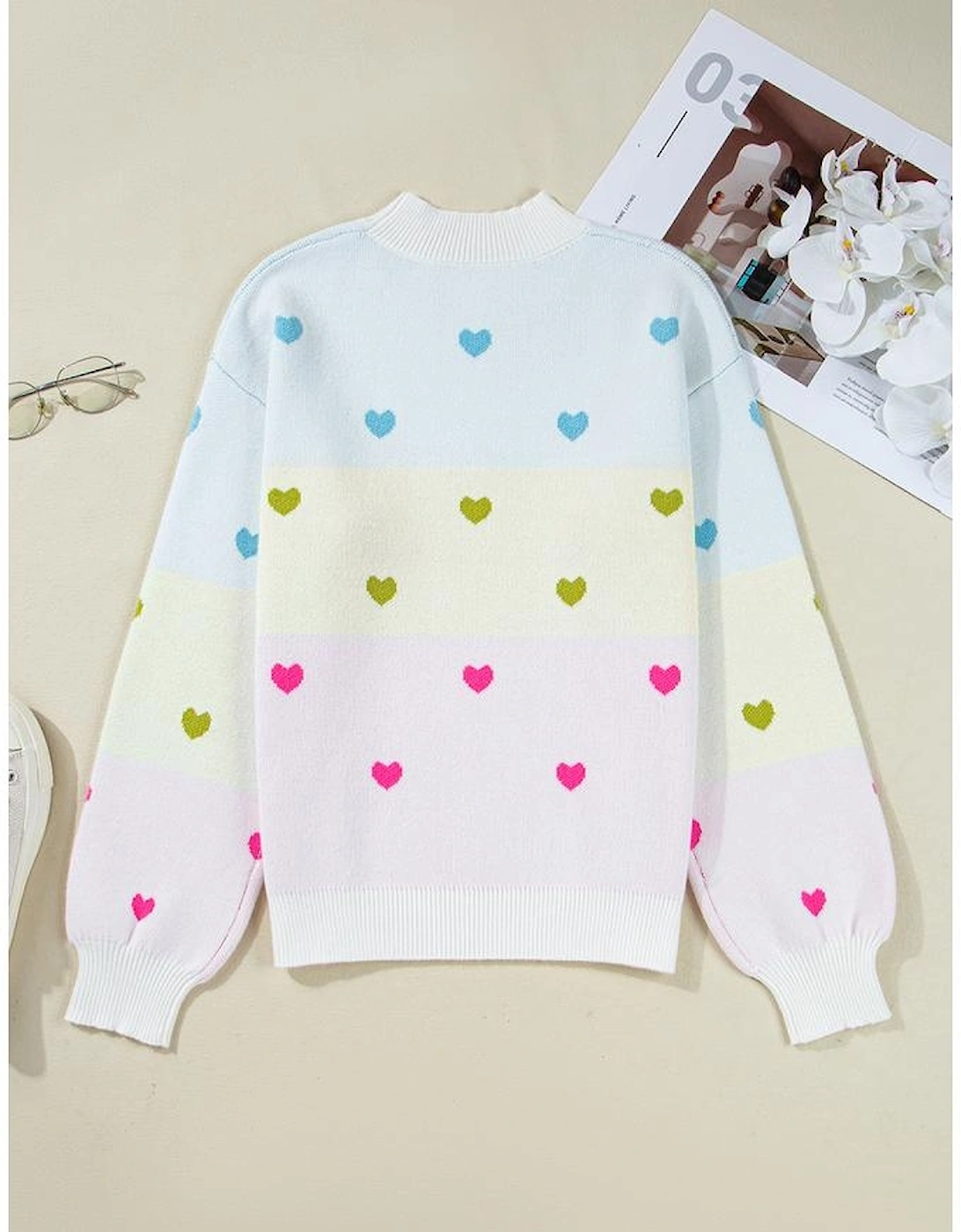 Multicolour Heart Pattern Colorblock Knit High Neck Baggy Sweater
