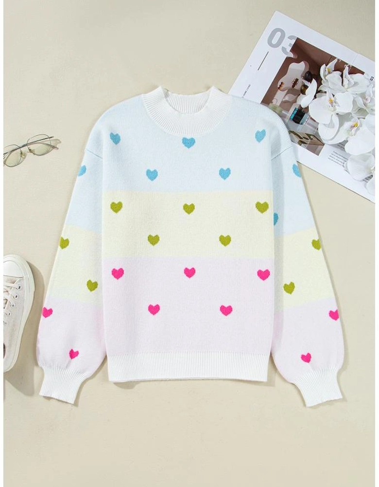 Multicolour Heart Pattern Colorblock Knit High Neck Baggy Sweater