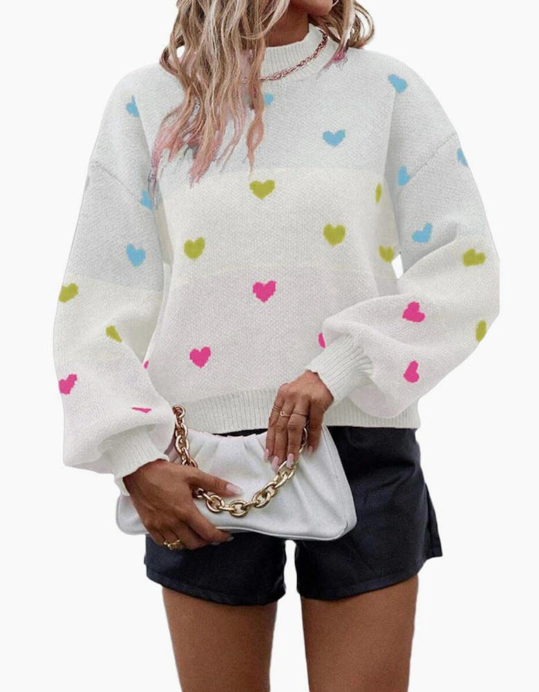 Multicolour Heart Pattern Colorblock Knit High Neck Baggy Sweater