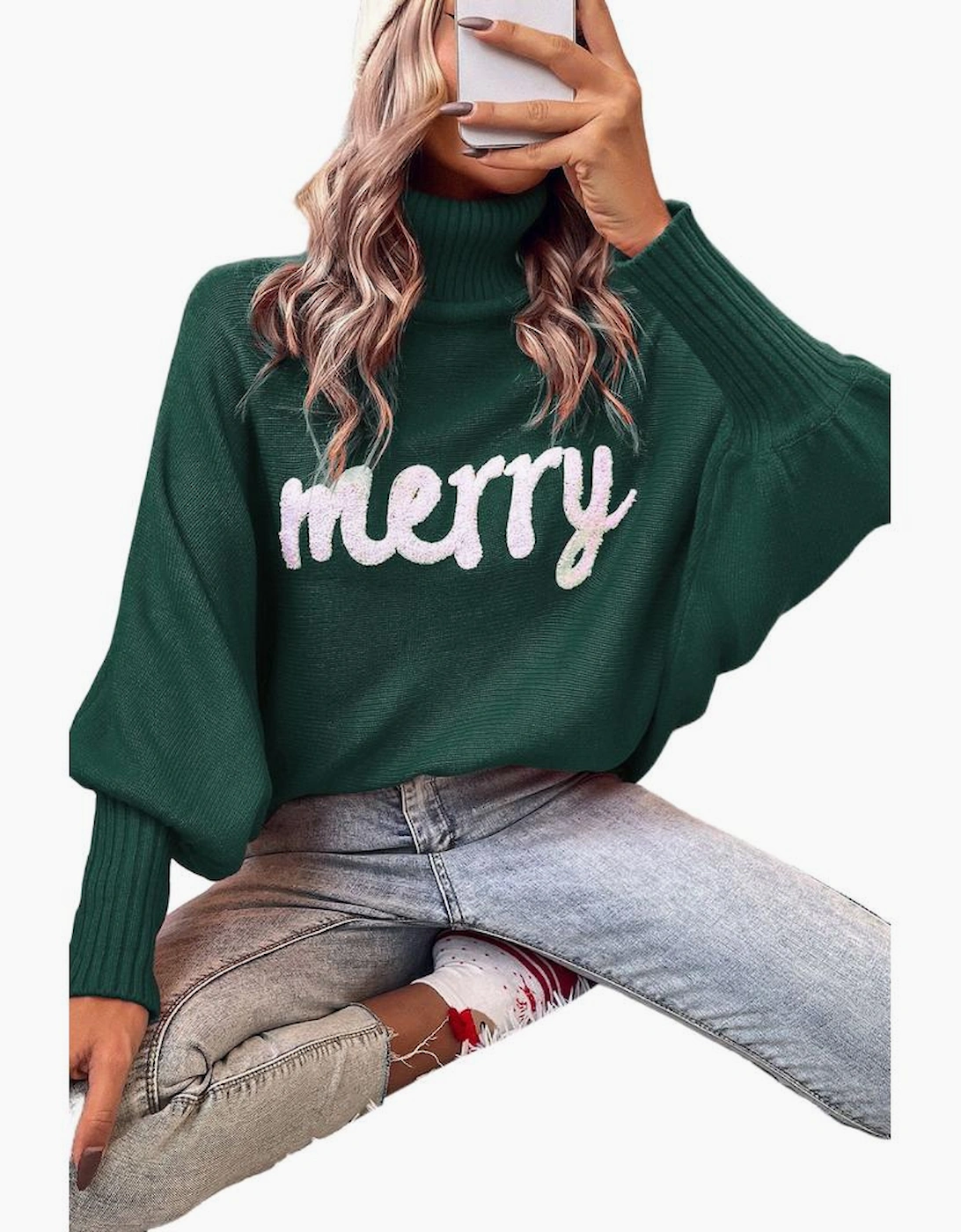 Blackish Green Merry Letter Embroidered High Neck Sweater, 6 of 5