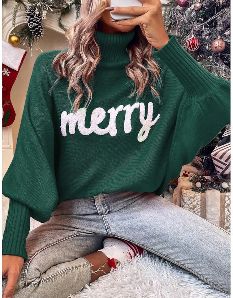 Blackish Green Merry Letter Embroidered High Neck Sweater