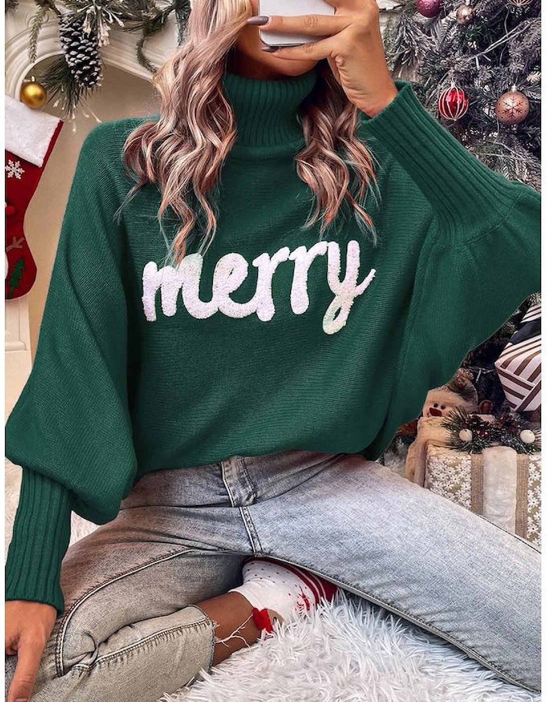 Blackish Green Merry Letter Embroidered High Neck Sweater