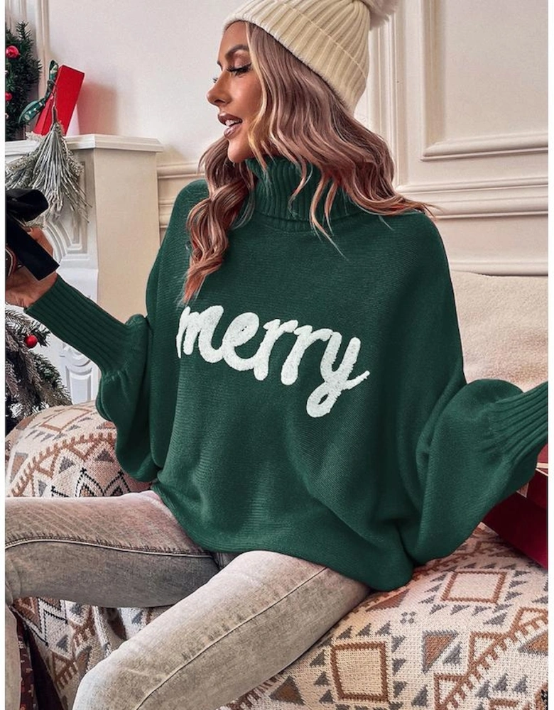 Blackish Green Merry Letter Embroidered High Neck Sweater