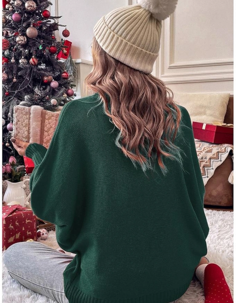 Blackish Green Merry Letter Embroidered High Neck Sweater