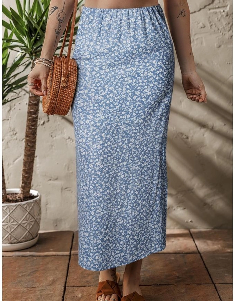 Sky Blue Boho Floral High Waist Long Skirt with Side Split
