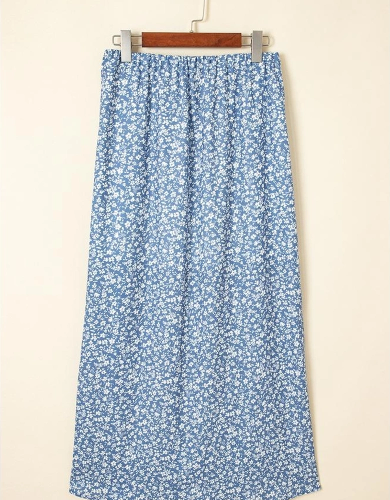 Sky Blue Boho Floral High Waist Long Skirt with Side Split