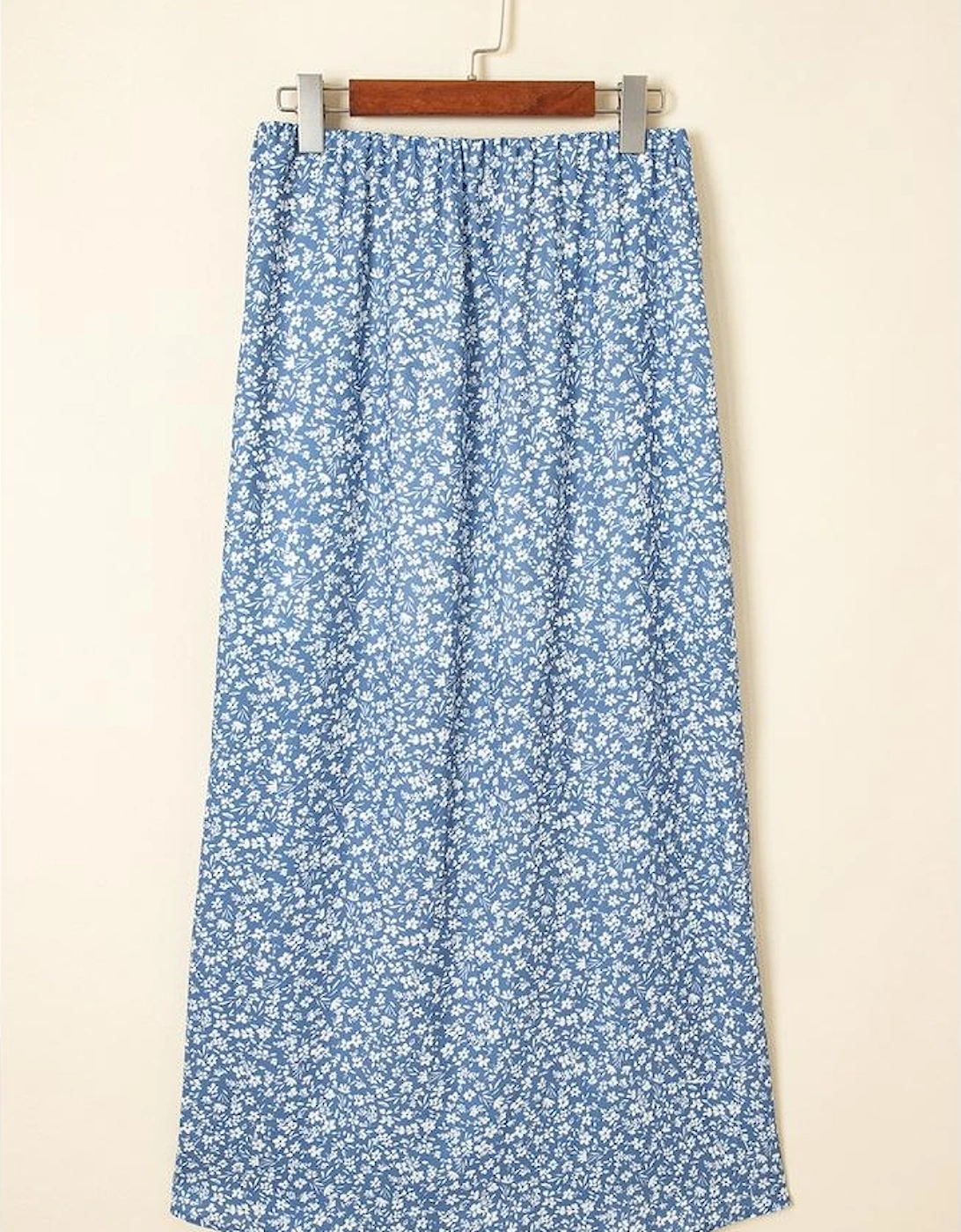 Sky Blue Boho Floral High Waist Long Skirt with Side Split