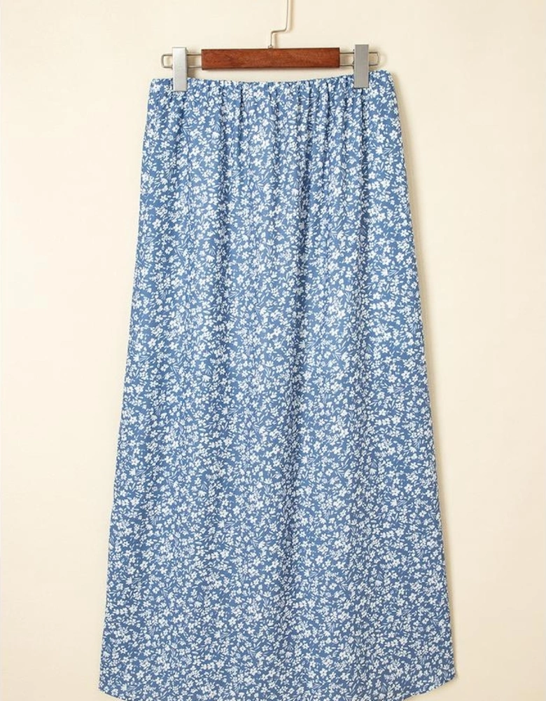 Sky Blue Boho Floral High Waist Long Skirt with Side Split