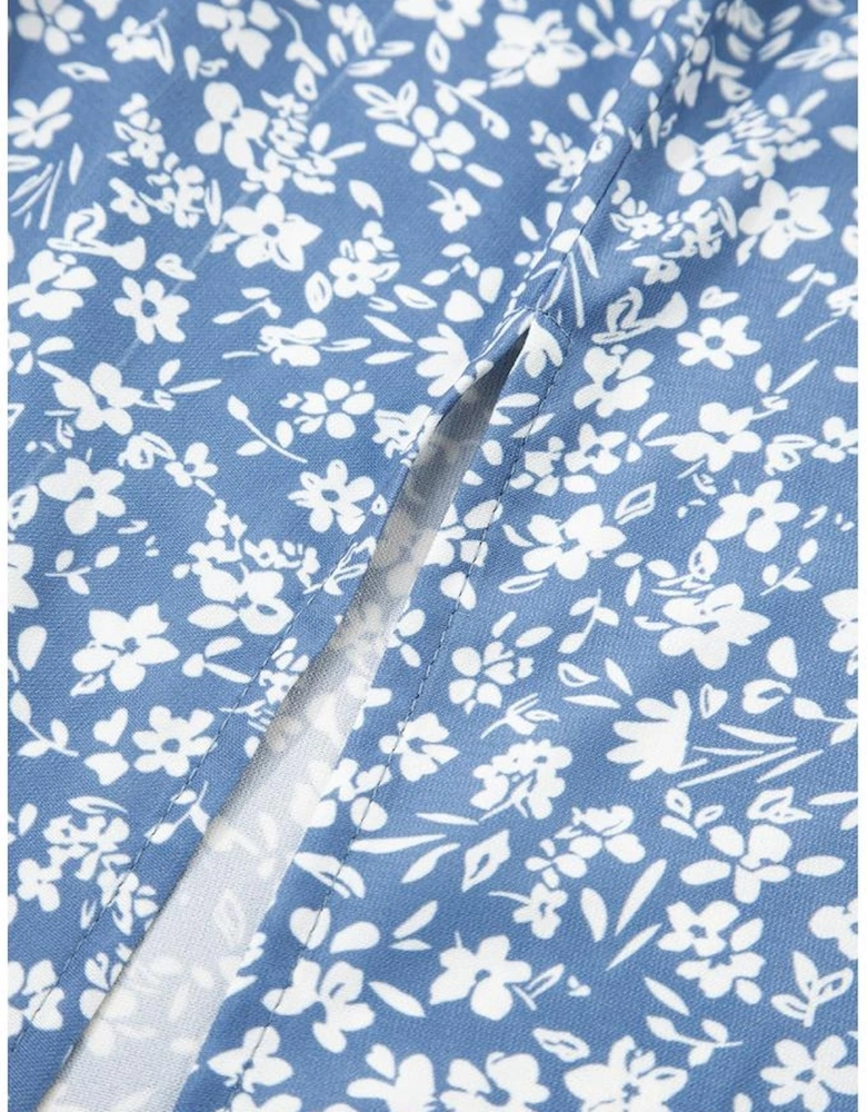 Sky Blue Boho Floral High Waist Long Skirt with Side Split