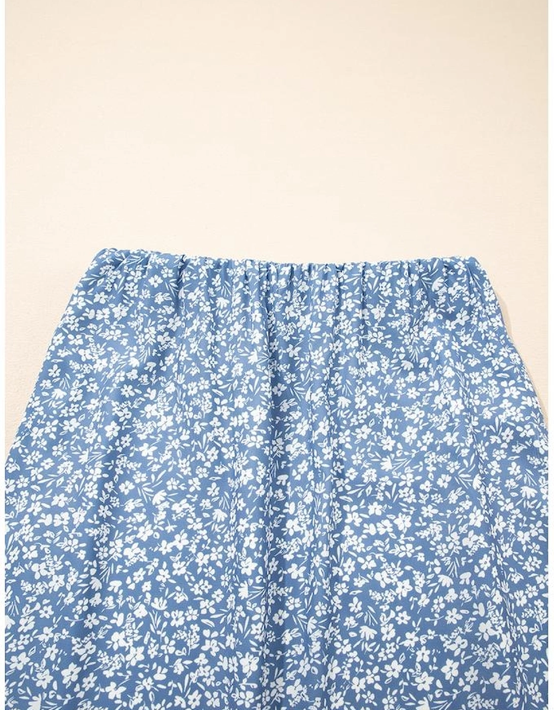 Sky Blue Boho Floral High Waist Long Skirt with Side Split