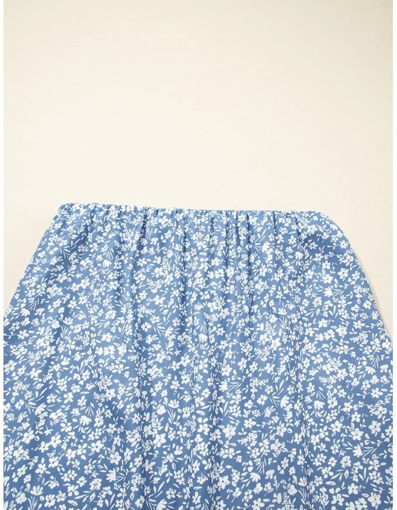 Sky Blue Boho Floral High Waist Long Skirt with Side Split