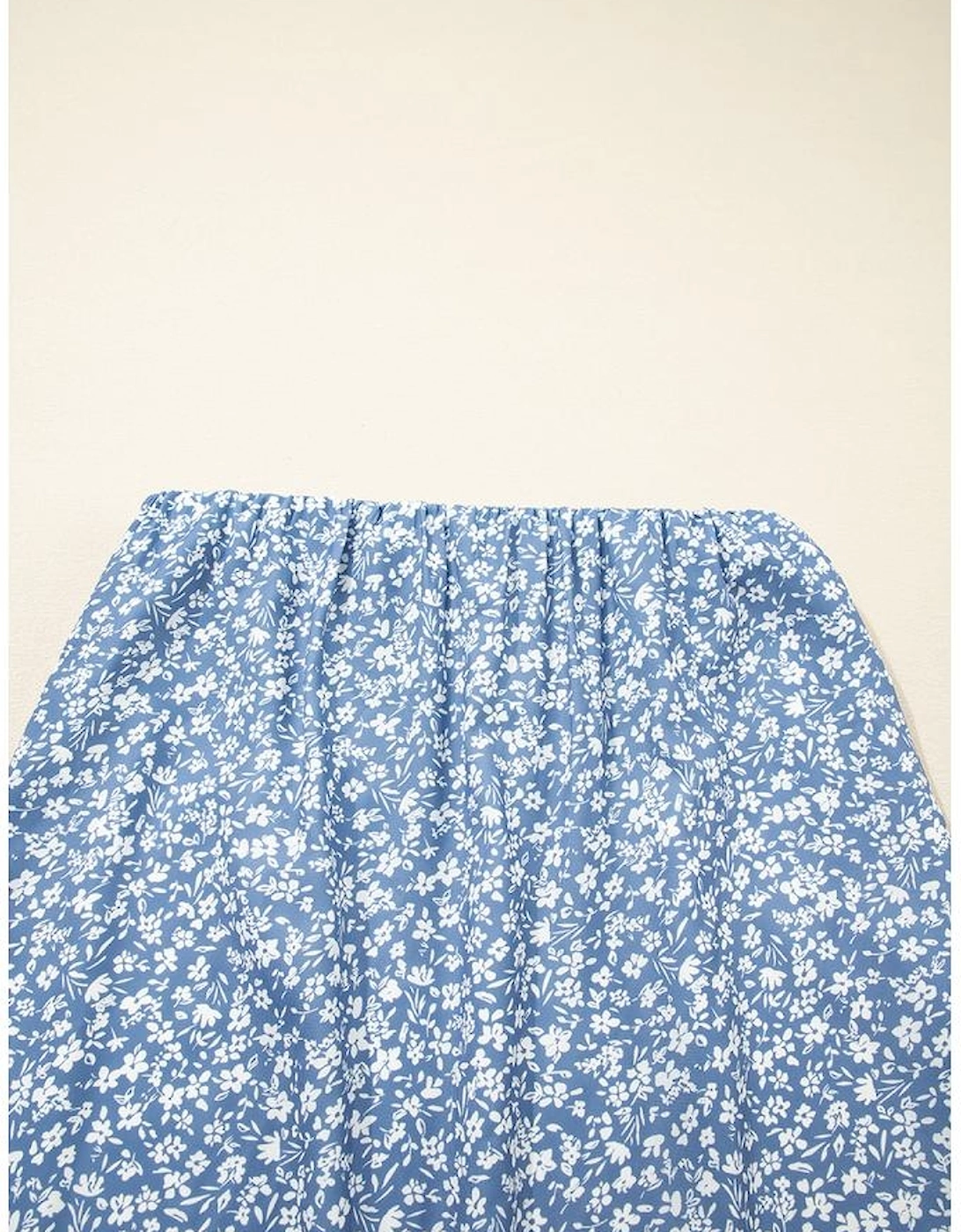 Sky Blue Boho Floral High Waist Long Skirt with Side Split