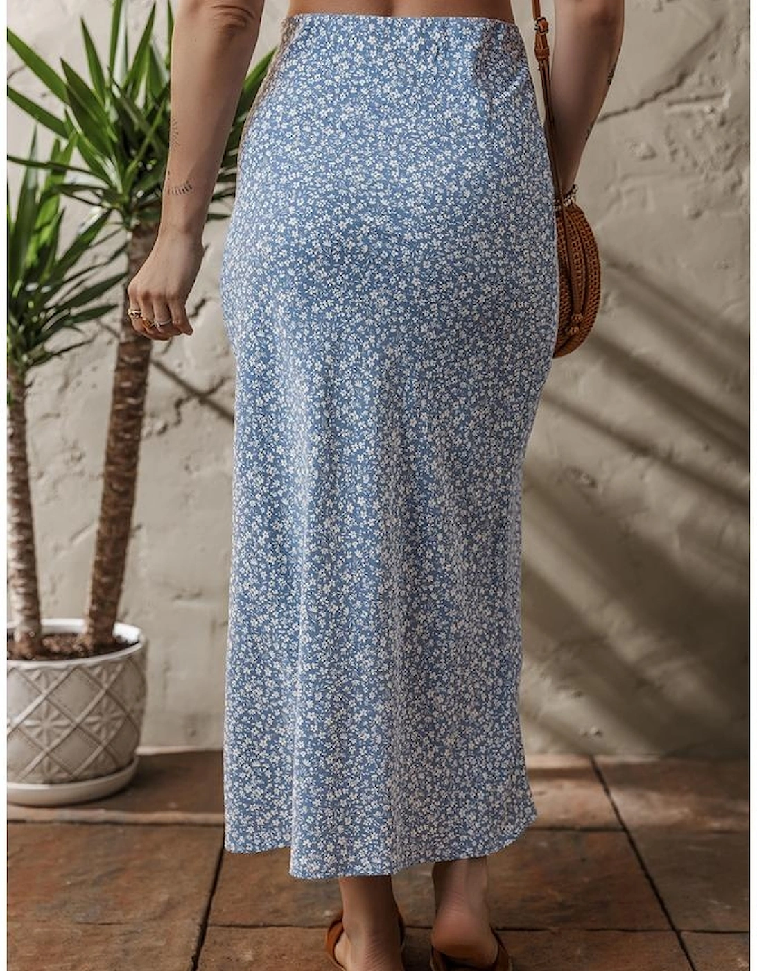 Sky Blue Boho Floral High Waist Long Skirt with Side Split, 9 of 8