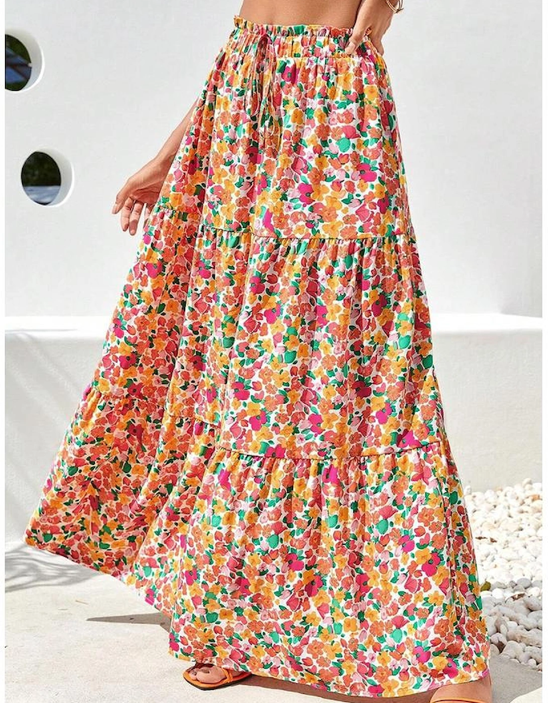 Yellow Boho Floral Print Tiered Long Skirt