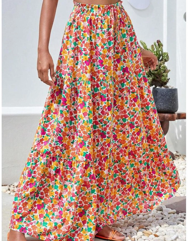Yellow Boho Floral Print Tiered Long Skirt