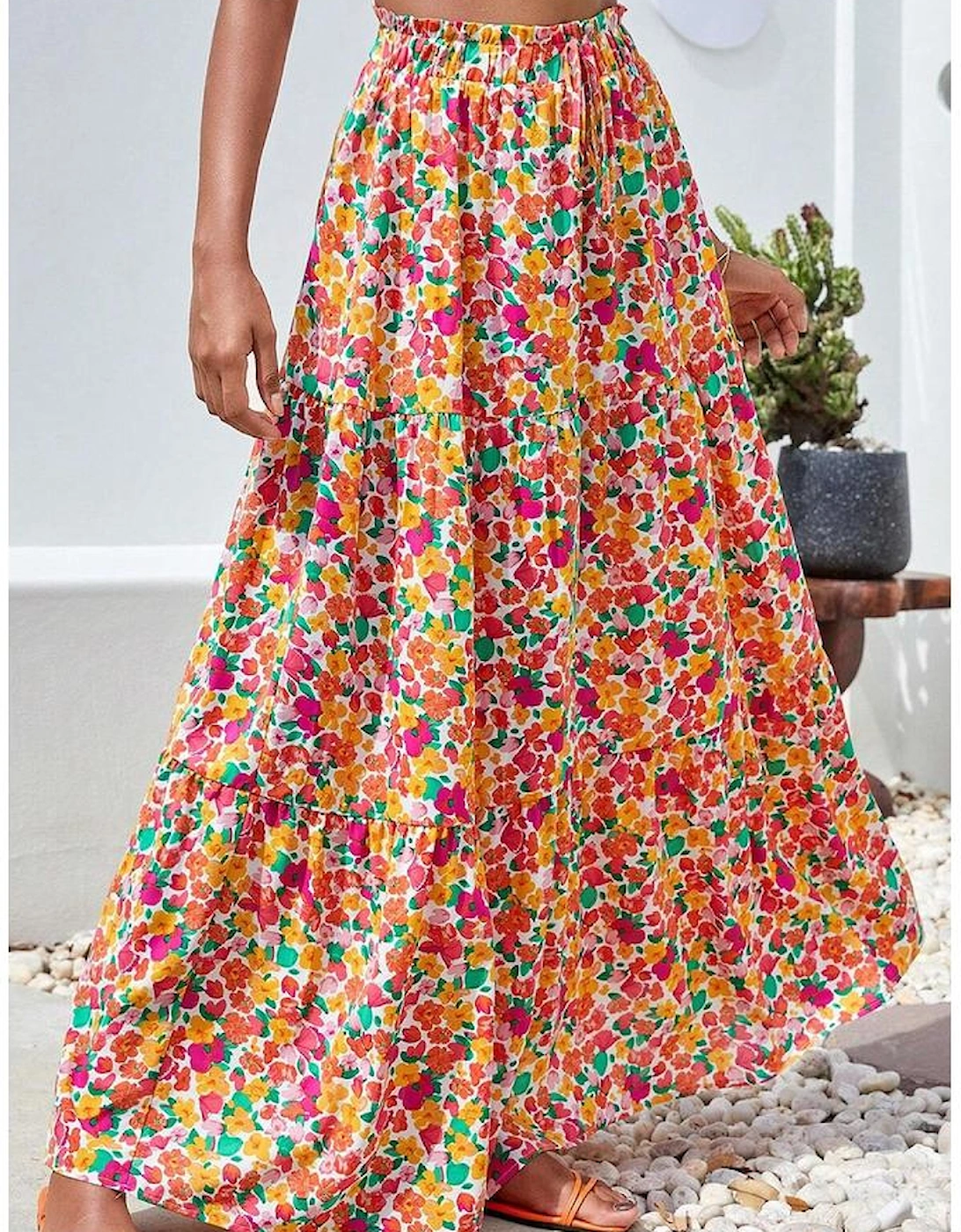 Yellow Boho Floral Print Tiered Long Skirt, 12 of 11