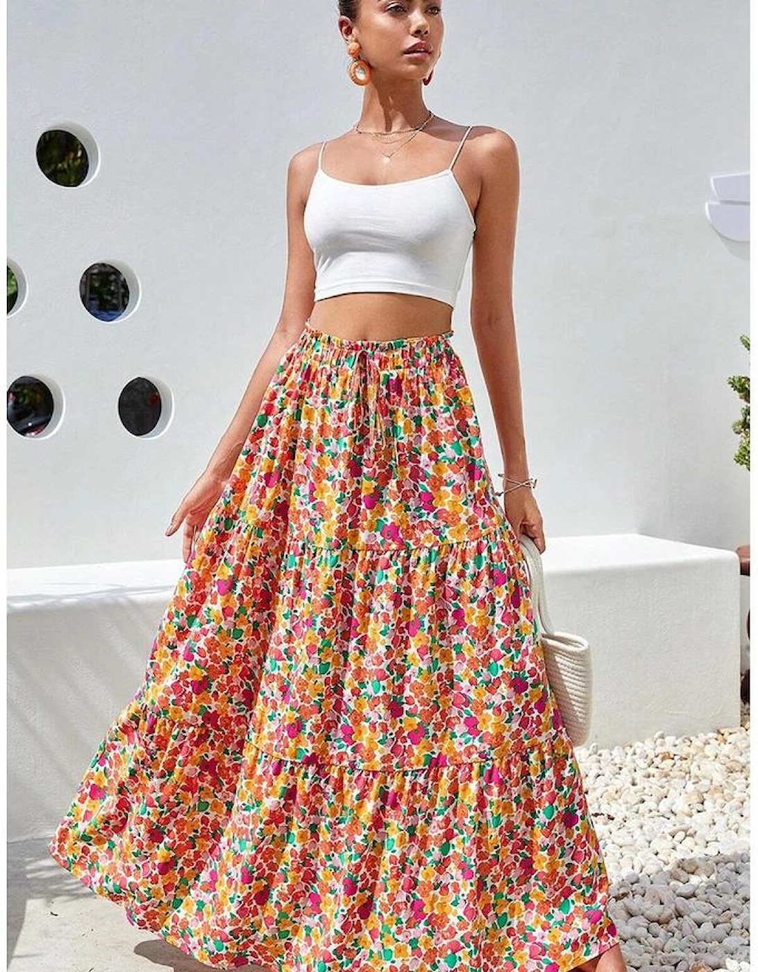 Yellow Boho Floral Print Tiered Long Skirt