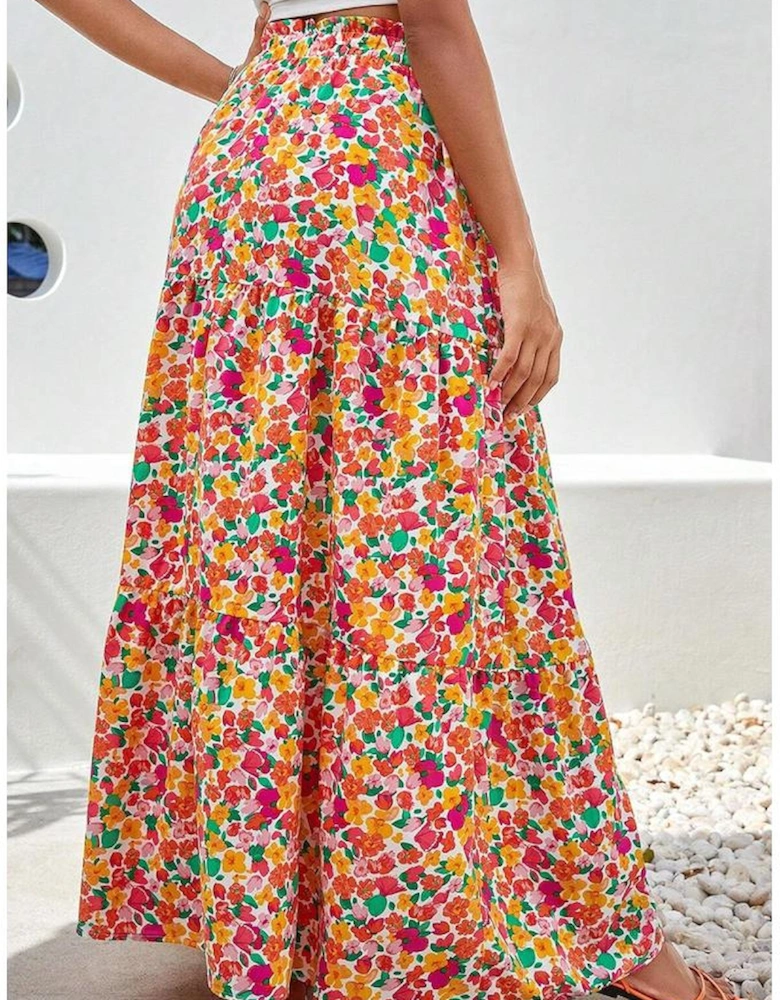 Yellow Boho Floral Print Tiered Long Skirt