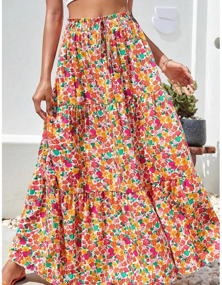 Yellow Boho Floral Print Tiered Long Skirt