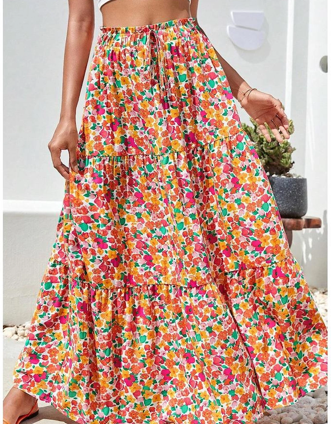 Yellow Boho Floral Print Tiered Long Skirt