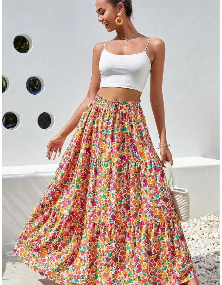 Yellow Boho Floral Print Tiered Long Skirt