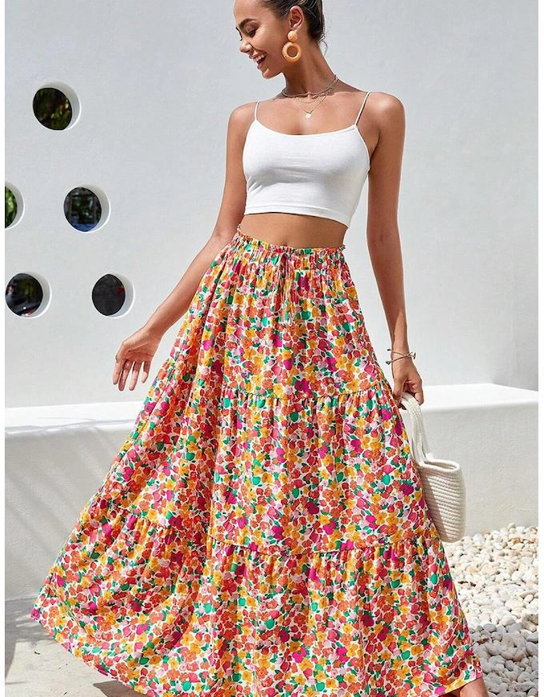 Yellow Boho Floral Print Tiered Long Skirt