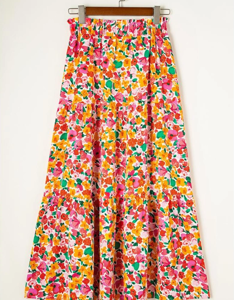 Yellow Boho Floral Print Tiered Long Skirt