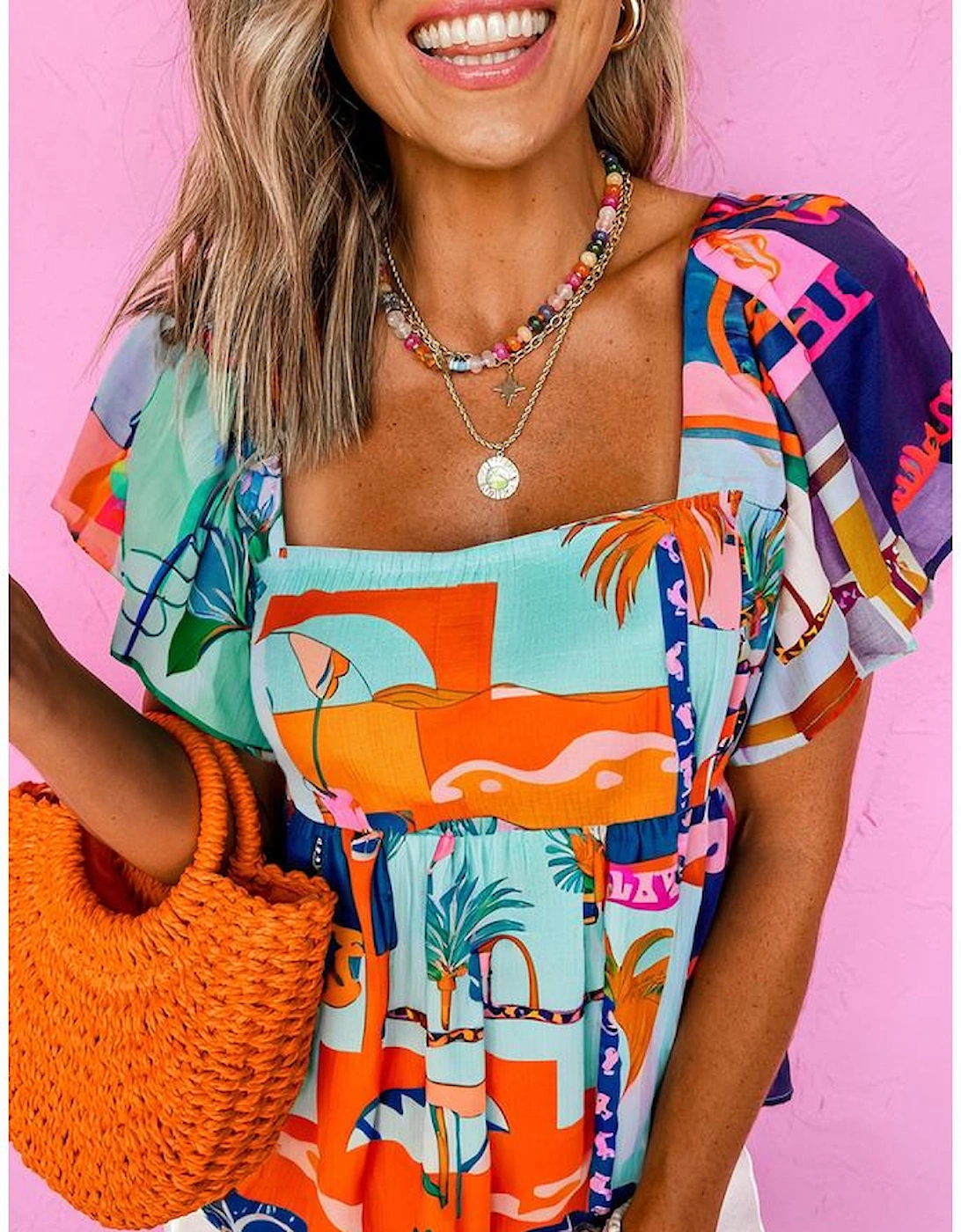 Sky Blue Tropical Printed Square Neck Flutter Sleeve Babydoll Blouse