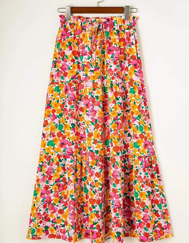 Yellow Boho Floral Print Tiered Long Skirt