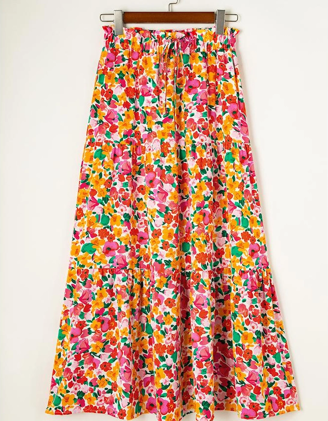 Yellow Boho Floral Print Tiered Long Skirt