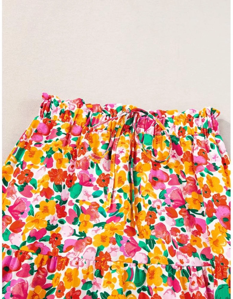 Yellow Boho Floral Print Tiered Long Skirt