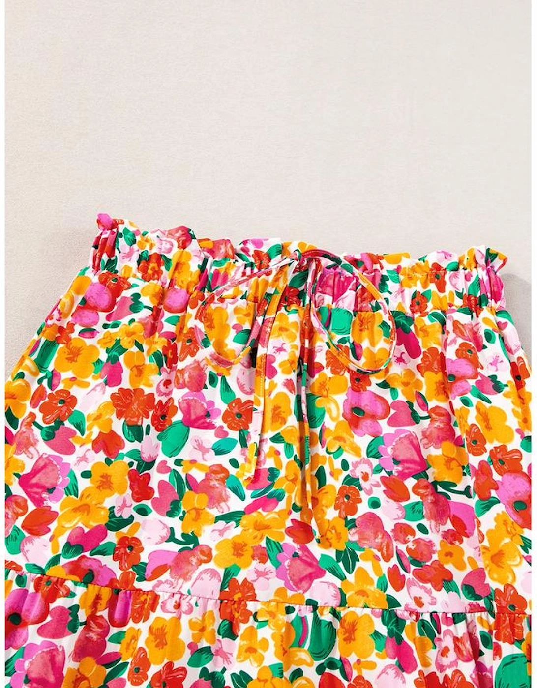 Yellow Boho Floral Print Tiered Long Skirt