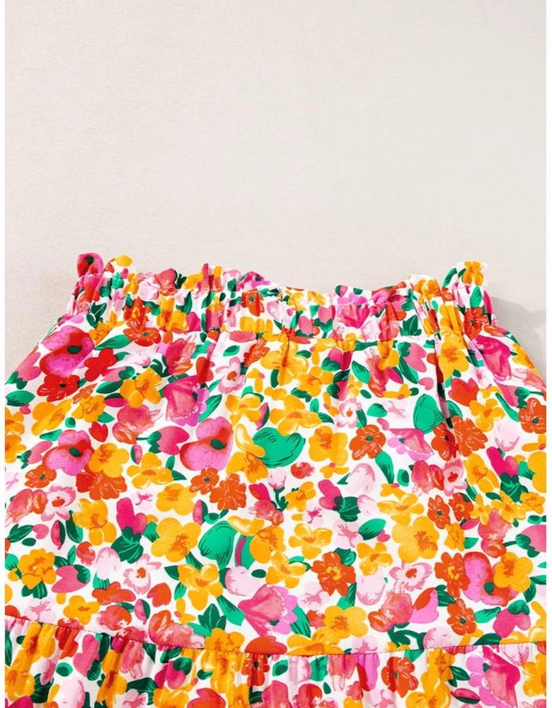 Yellow Boho Floral Print Tiered Long Skirt